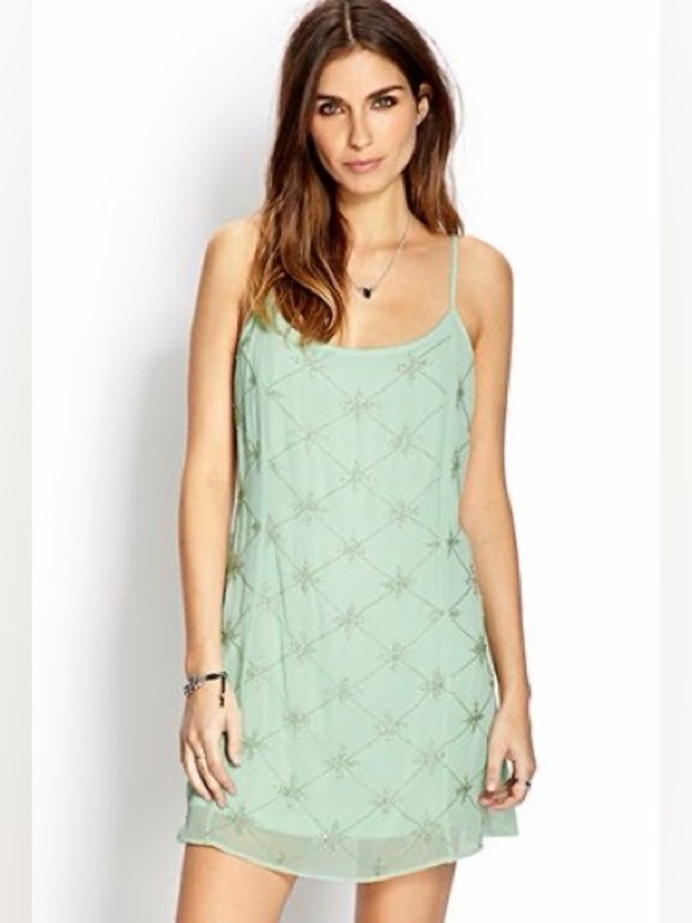 Forever 21 Beaded Sheer Overlay Shift Dress Mint L